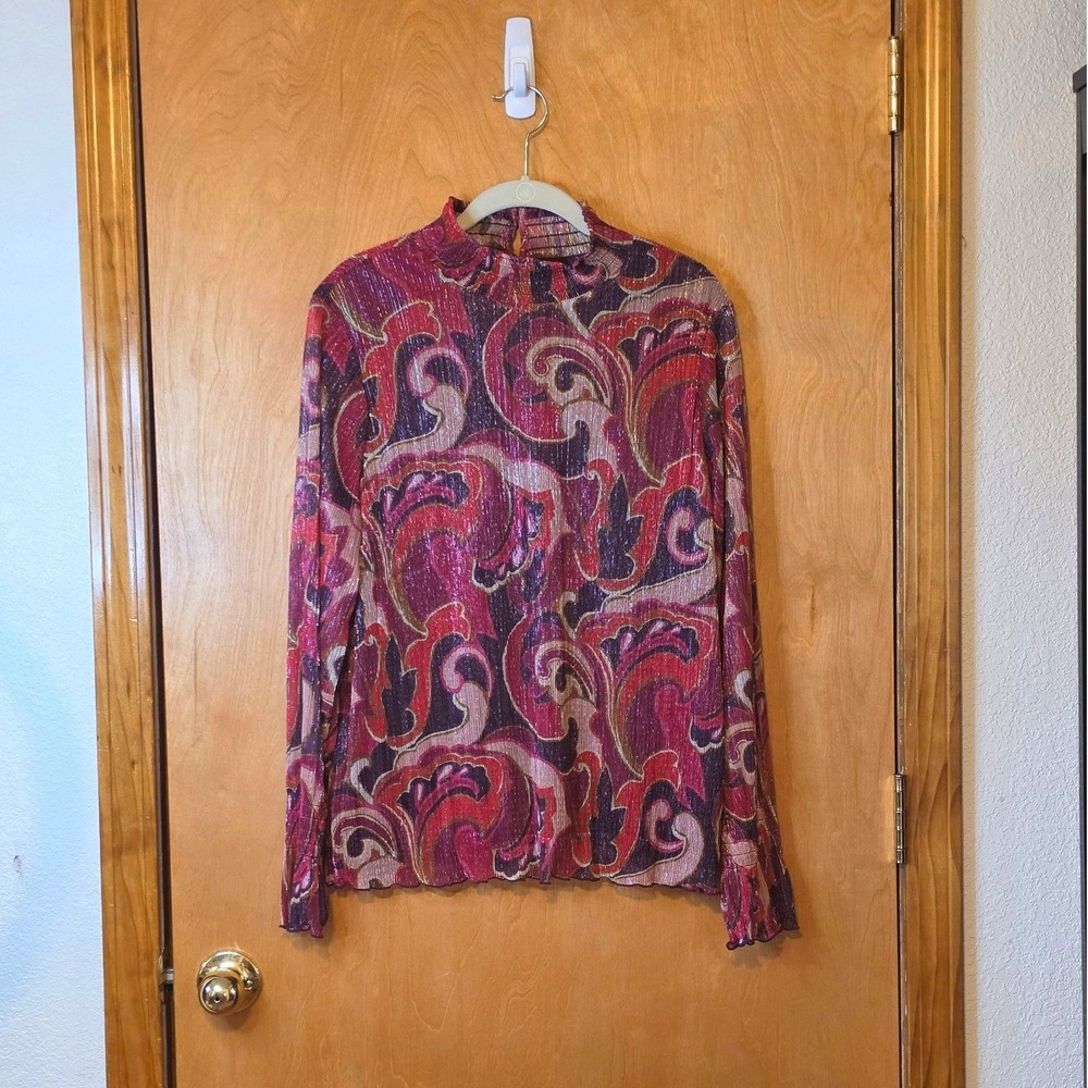 NWT Chicos Crinkle Shine Boho Mod Paisley Mock Neck Top Long Sleeve Size 2 L